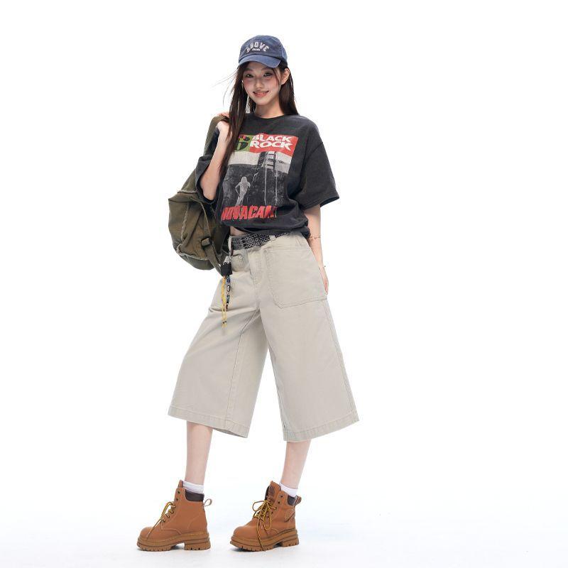 Khaki Apricot Vintage Reversible Design Casual Pants For Women Loose Straight Wide Leg Cropped Capri Pants Versatile Slimming FigureFlattering Style
