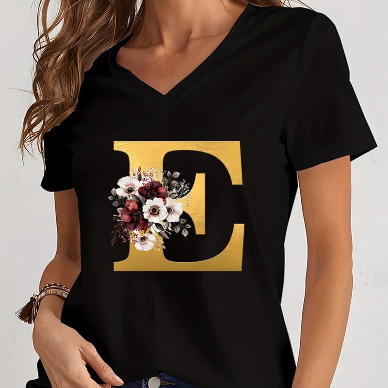 Vintage Flower Alphabet Graphic T Shirts Women Alphabet Rose Gold Essential Women Clothing Gift for Alphabet Floral Lover Tshirt