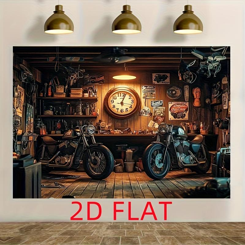 1 piece of 2D flat retro motorcycle garage-themed polyester fiber photo background cloth party banner and background cloth 100x150cm