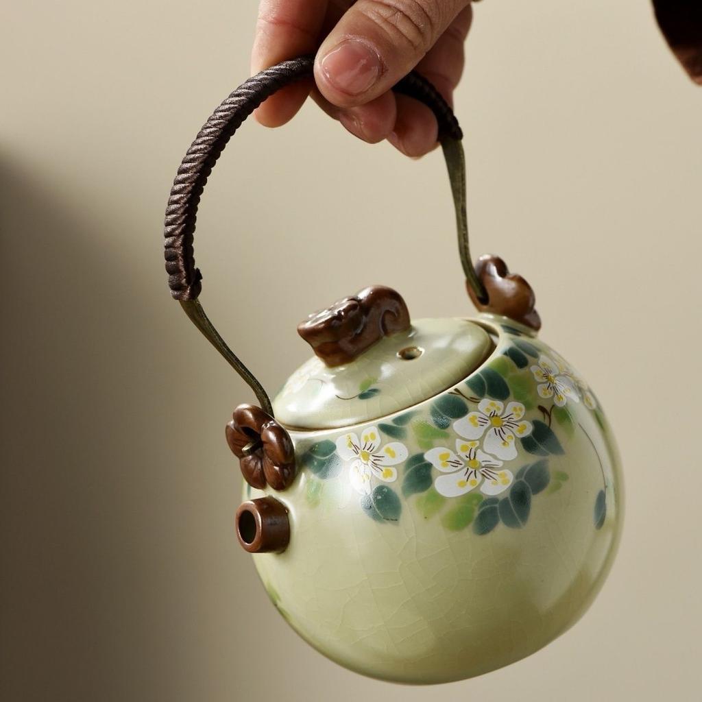 Ru Kiln Hydrangea Flower Beam Pot Teapot Tea Ware Household Ceramic Tea Set Tea Making Single Pot Open Film Can Raise Teapot