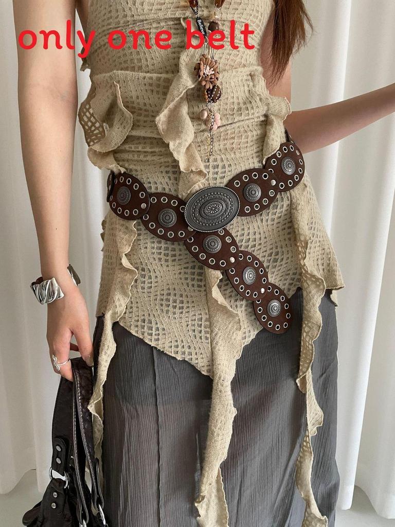 Curea de piele vintage western pentru cowgirl cu cataramă metalică pentru rochii boho