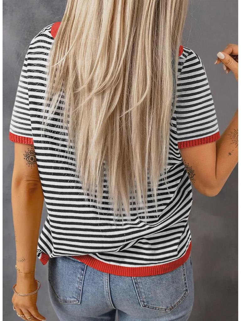 2025 Striped Contrast Knit Sweater: European/American Style, Drop Shoulder, Short Sleeve Top