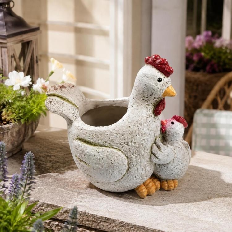 Decorative Hen Figure with Chick, Sculpting Face and Wing Detail, Resin Small Planter Pot for Farm Theme Farmhouses Shelf, Cabinet, or Garden Patios