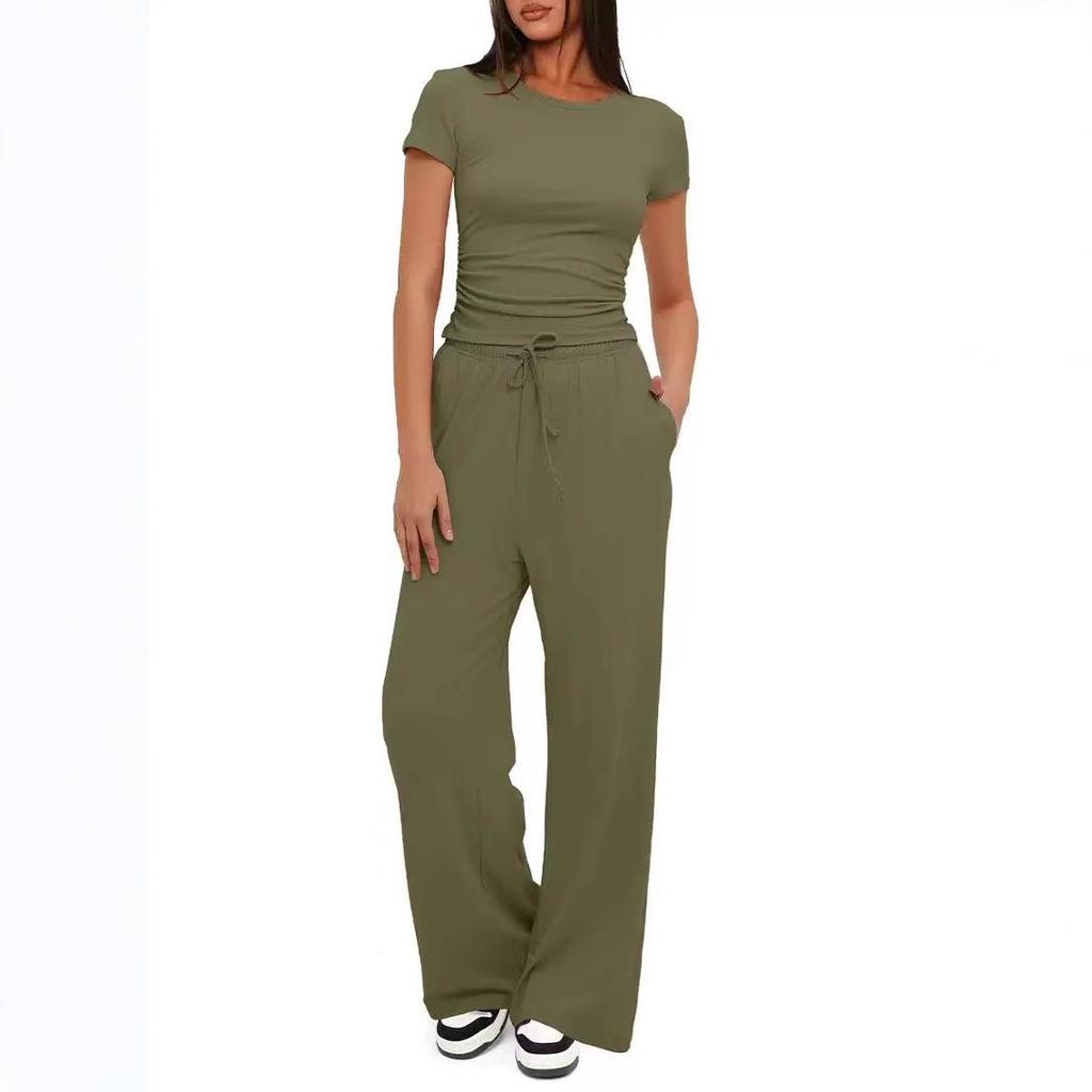 2026 European & American Women's Two-Piece Casual Set: Ruffled Short-Sleeve Top & Wide-Leg Pants