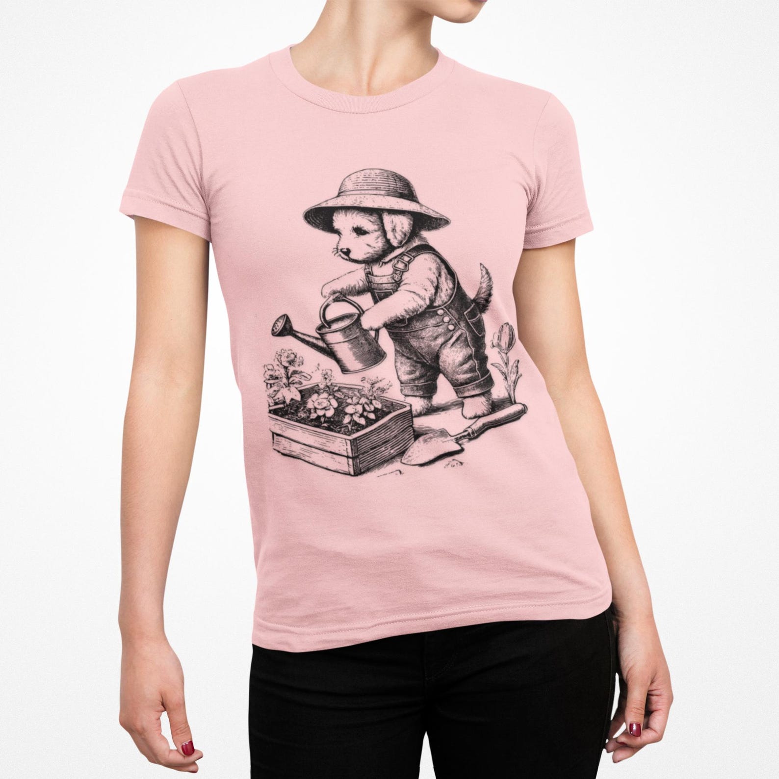 Gardening Dog T-Shirt, Vintage Copper Engraving Style 4XL
