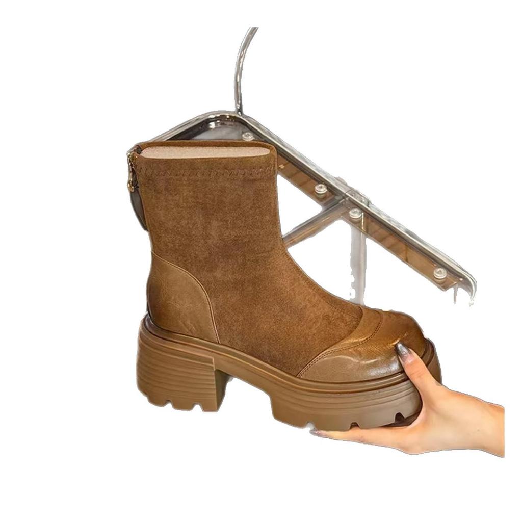 Medium boots 2025 autumn and winter new elastic thin boots thick heel boots fashionable versatile thick-soled British style medium heel women's boots