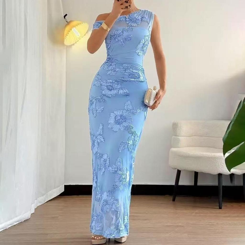 Women One Shoulder Floral Maxi Dress Sleeveless Ruched Bodycon Mesh Long Dress Wedding Guest Cocktail Evening Dress