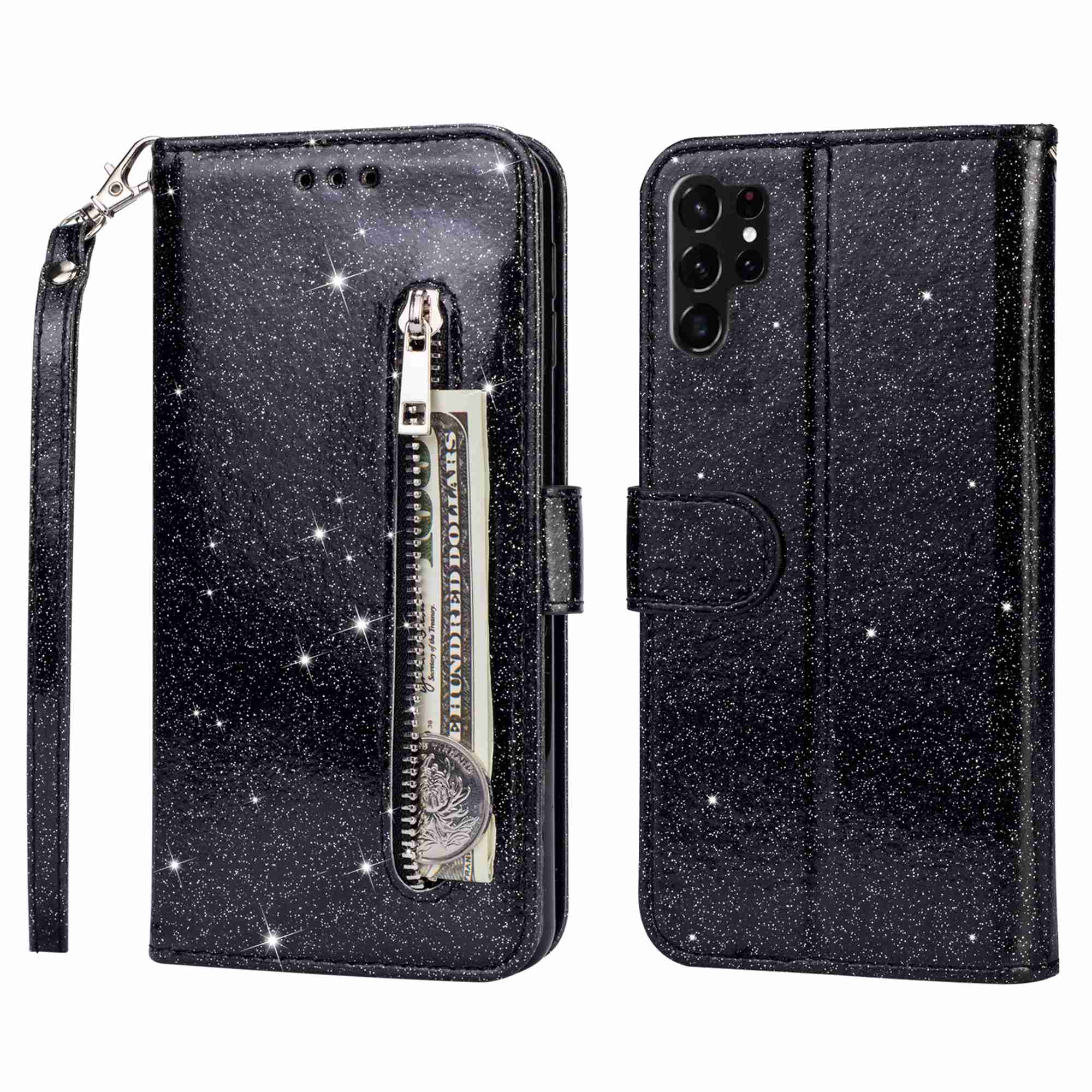 

For Samsung Galaxy S24 Ultra Leather Case Zipper Pocket Glittery Phone Stand Cover Black