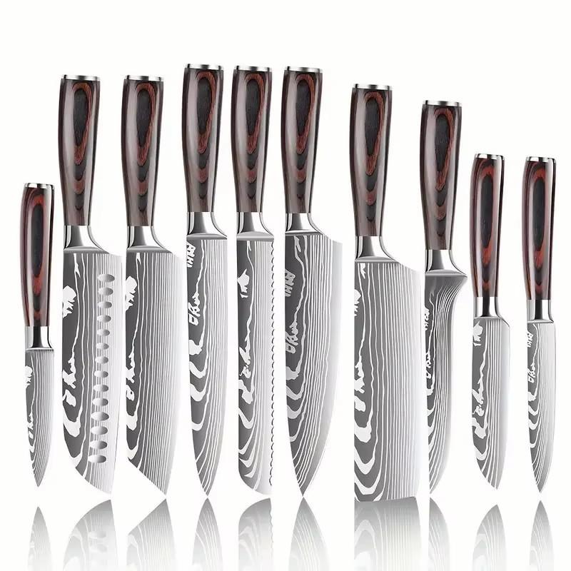 10dílná prémiová sada kuchyňských nožů z nerezové oceli DIY třída Dřevo Pakka Santoku Nakiri Krájecí Univerzální OEM Vykosťovací Kráječ Nože