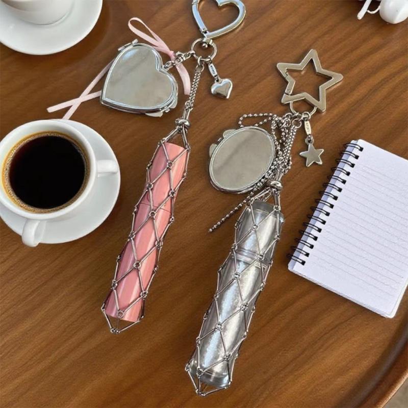 Metal Keychain Pouch Charm Stainless Steel Mesh Heart Star Detailing Compact Storage For Daily Use Bag Accessory Gift