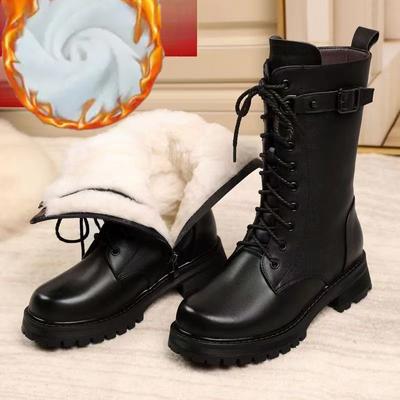 Women Large Size Leather Thick Plush Warm Winter Biker Boots Women British Style Women Snow Boots