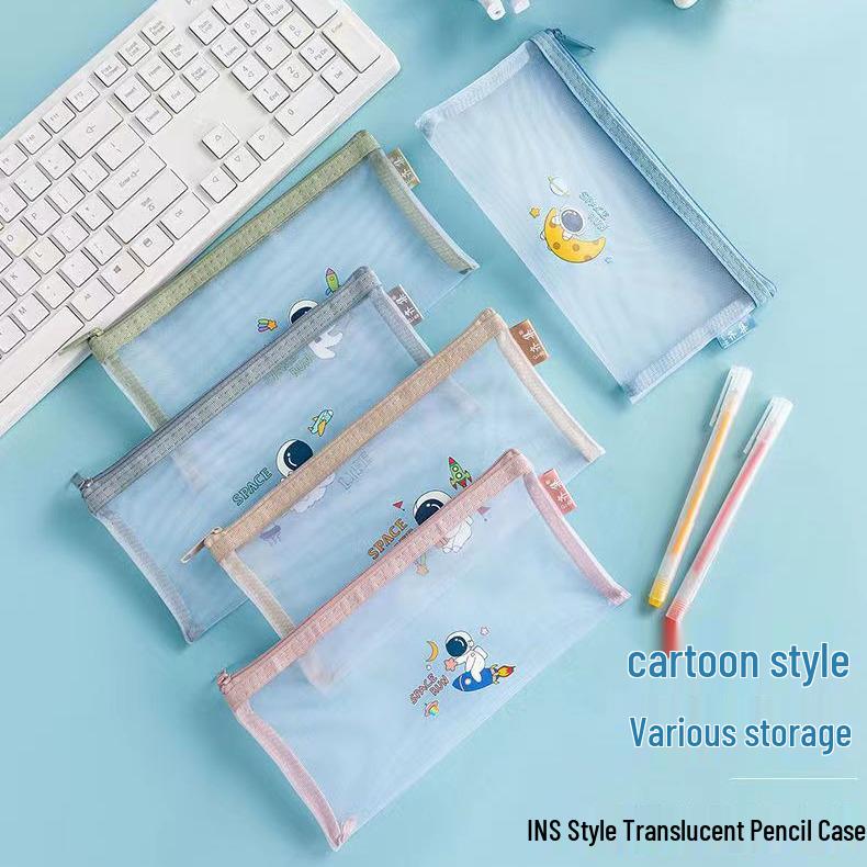 Simple Cartoon A6 Mesh Zipper Pencil Case & Document Bag for Students