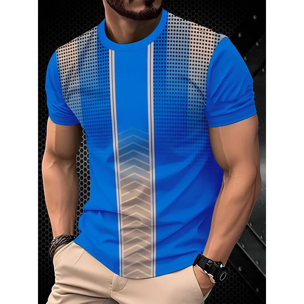Fashionable Casual Comfortable Breathable Short Sleeved Round Neck T-shirt Summer Large Loose Creative Stripe Geometry 3D Printed Men's T-shirt