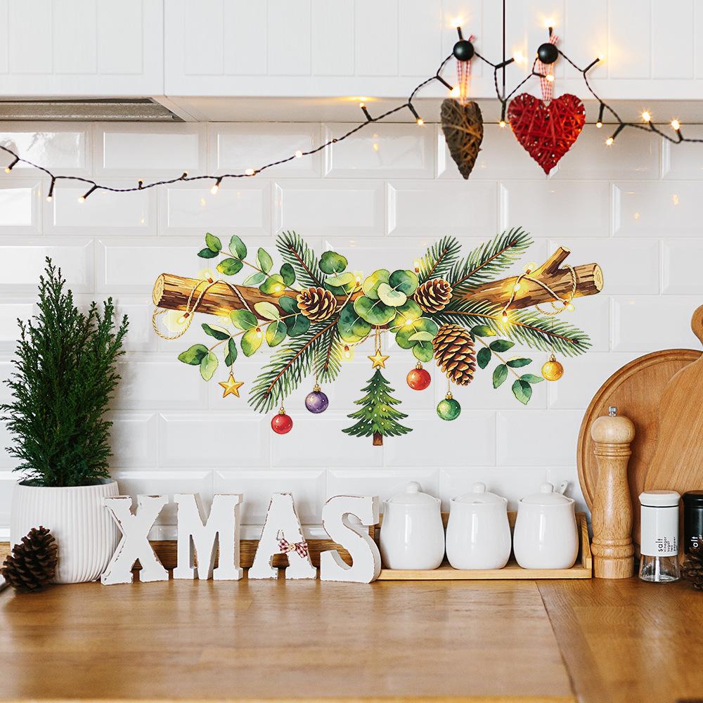 Christmas Painted Pine Tree Branches, Outdoor Balcony Glass Window Decoration with Window Stickers