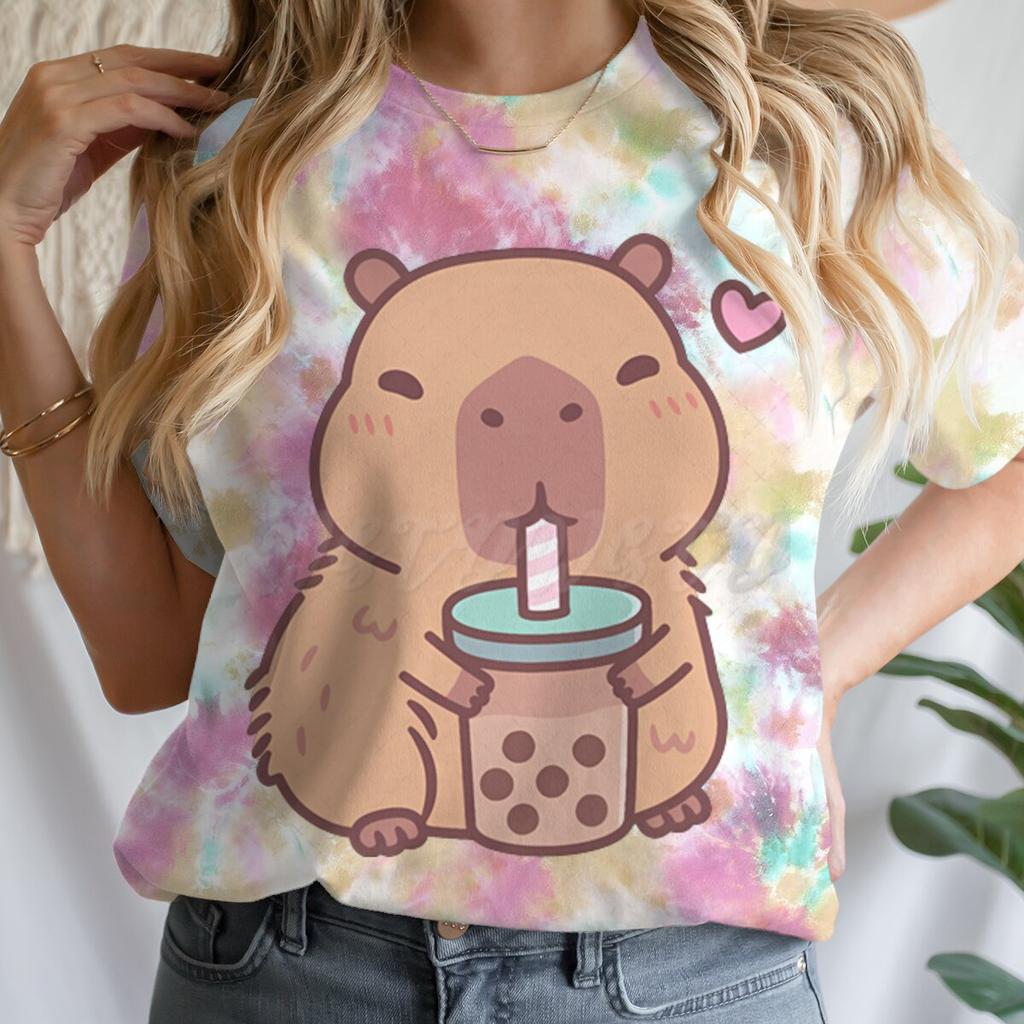 Tie Dye Animal Graphic Lover Gift Shirt Tee Capybara Kawaii Cartoon T-shirts Crew Neck Casual Summer Drink Tops
