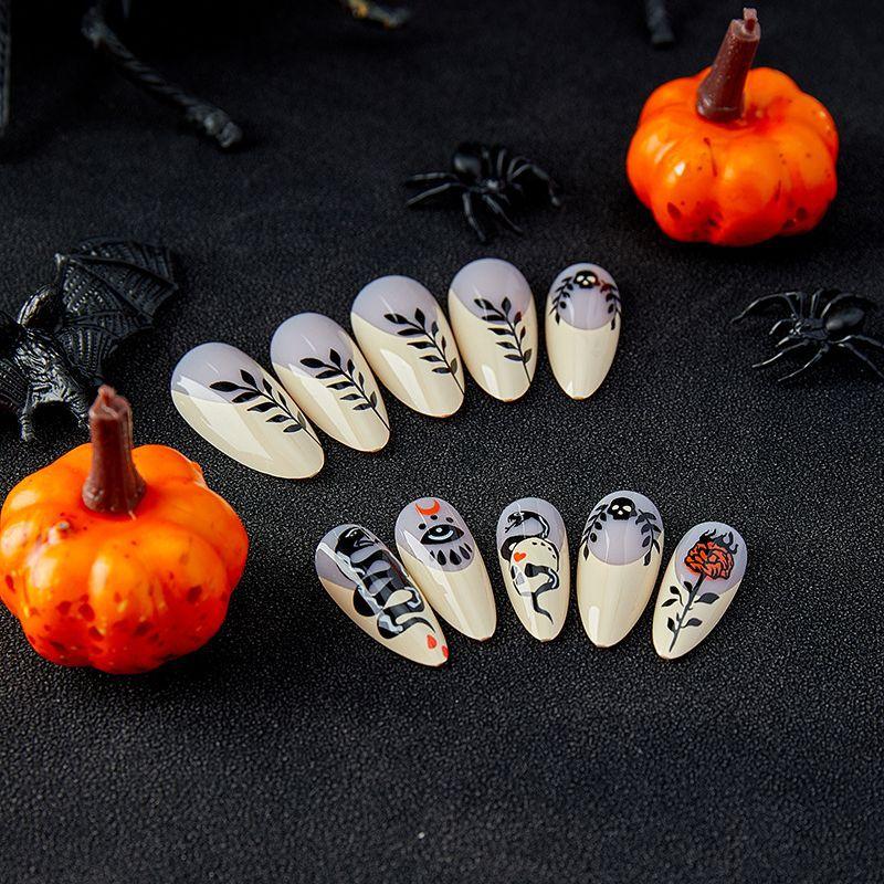 Dark Coiled Snake Rose Nail Art Black Almond Nail Sweet Cool Fashion European and American Halloween Fake Nail Finished Nail Piece