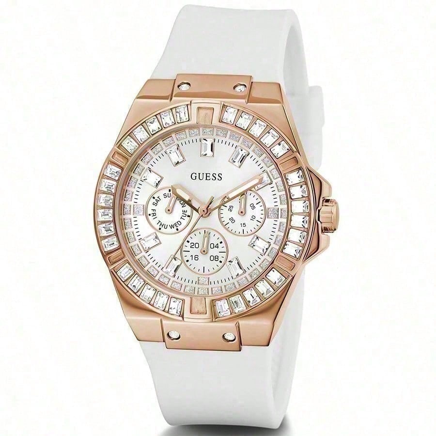 Guess Venus Fashionable Crystals Deluxe White Round Dial Silicone Strap Quartz Watch for Women GW0118L4