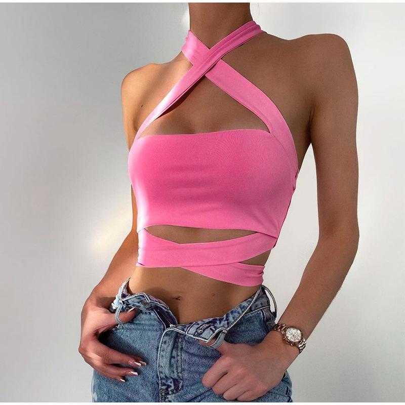 Cross Halter Women Tank Crop Top Hollow Out Bandage Backless Slim Sexy Female Vest 2023 Summer Fashion Ladies Pink Ladies Corset