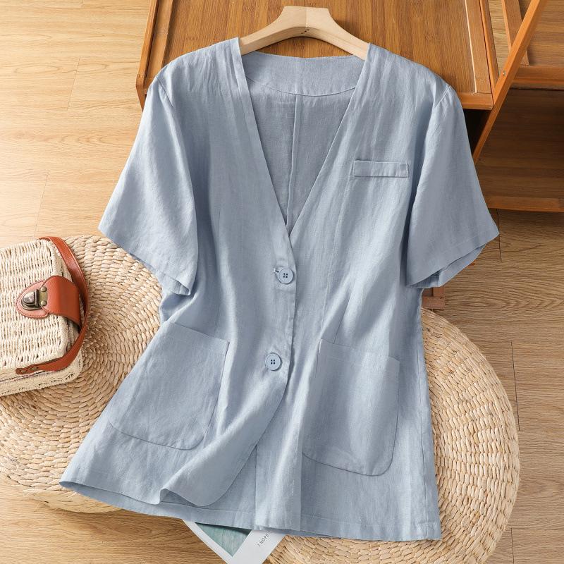 

2026 Women s Summer Short-Sleeve Cotton Linen Cardigan Jacket XL