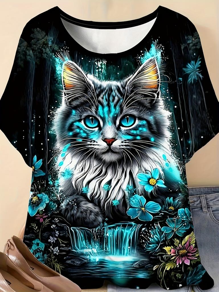 Summer Women 3D Printed Cat T-Shirt Cute Graphics Short Sleeves Tops Casual Fashion Tees O-Neck T-Shirts Oversize Woman Clothes
