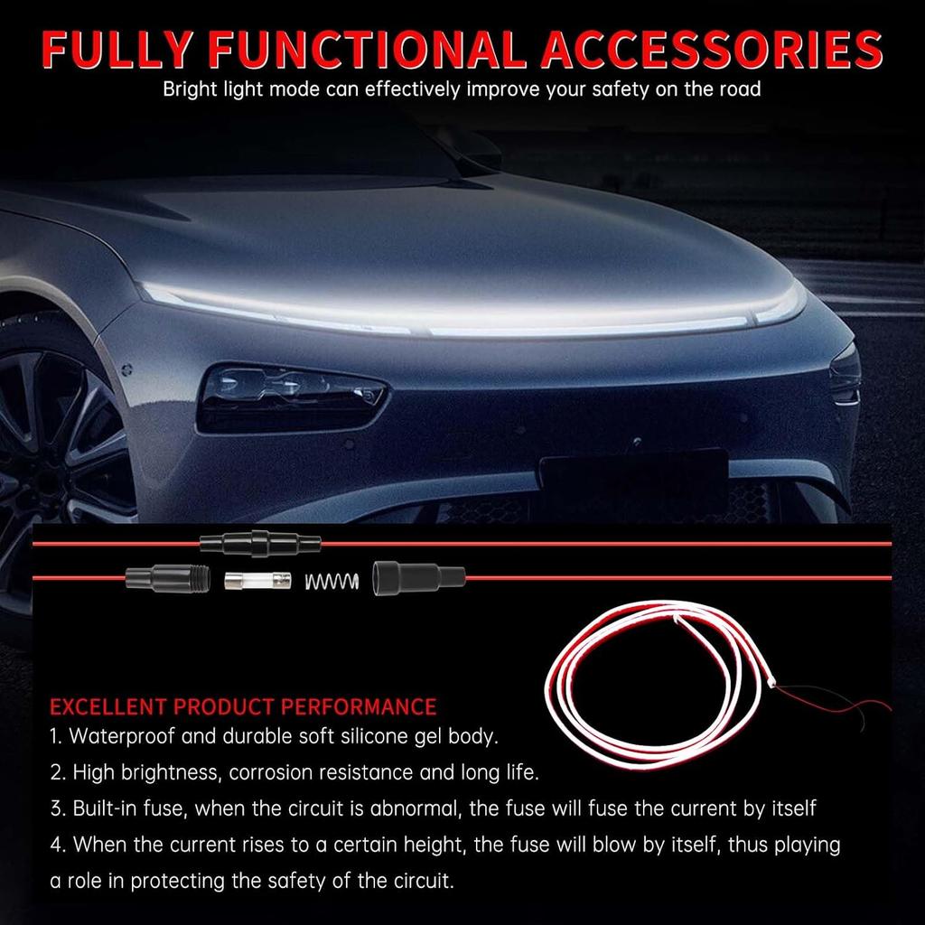 94.5 Inch Car Hood Light Strip, White Exterior Dynamic Car LED Hood Light, Flexible & Waterproof, Universal Exterior Daytime Running Light Strip With