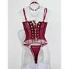 Cross-border Burgundy Satin Underwired Corset Garter Belt Lingerie Set for Women