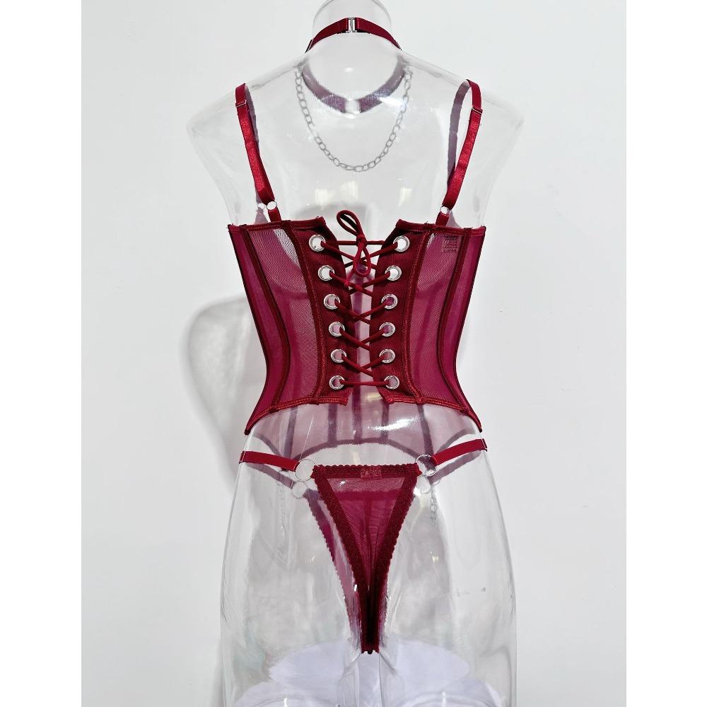 Cross-border Burgundy Satin Underwired Corset Garter Belt Lingerie Set for Women