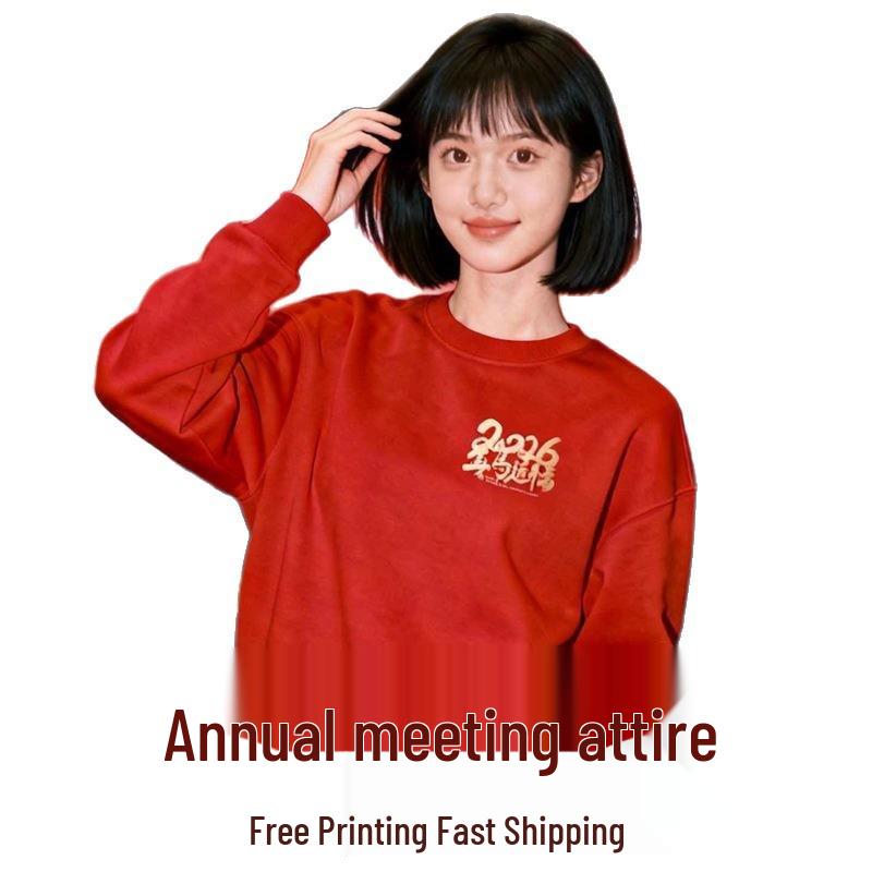 2026 Red Corporate Anniversary Sweatshirt - Custom Round Neck with Logo for Annual Meeting and Company Culture