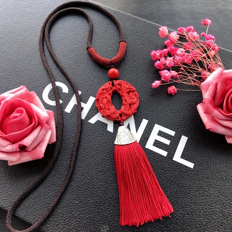 Neoclassical Chinese red cinnabar fringed necklace retro fashion long versatile sweater chain four seasons ethnic style accessories