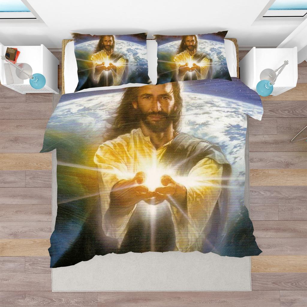 Jesus Christ King Queen Duvet Cover Christianity Bedding Set Western Religion Quilt Cover Blue-green Polyester Comforter Cover
