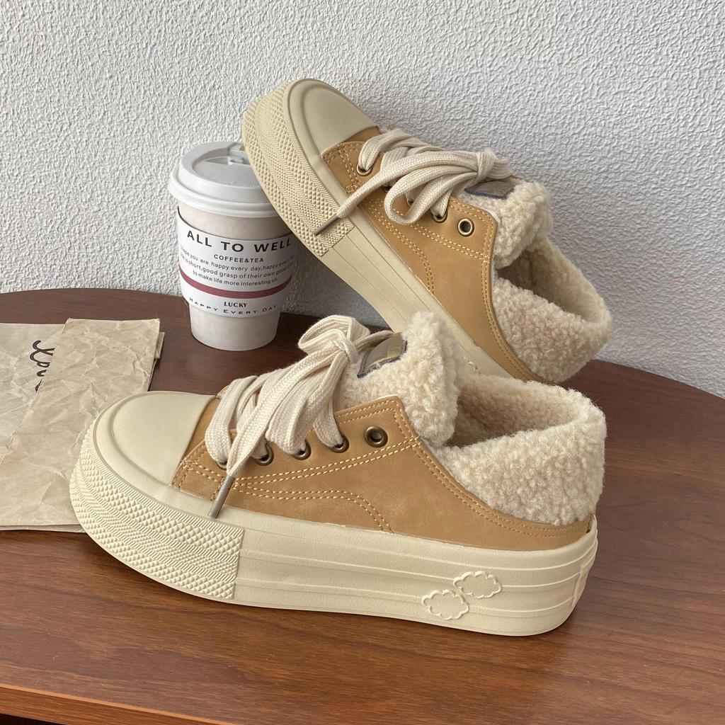 Korean version of casual shoes 2025 autumn and winter new Mao Mao shoes fleece warm cotton shoes thick baseplate shoes women 3291M