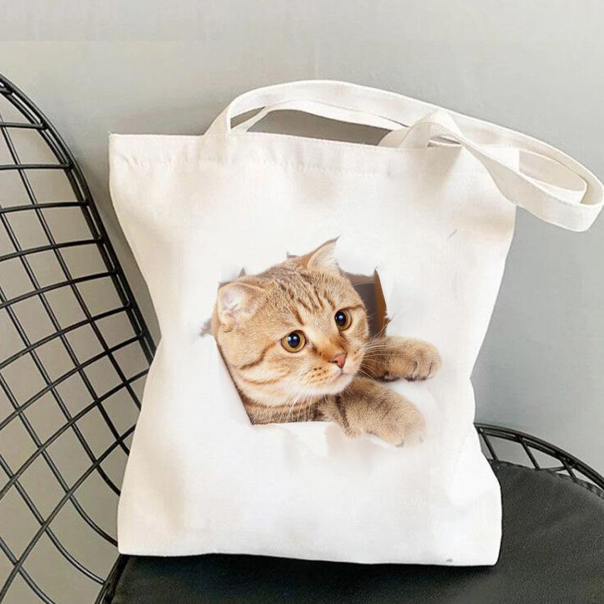 3D Realistic Cute Kitten Print Large Capacity Canvas Tote Bag for Students