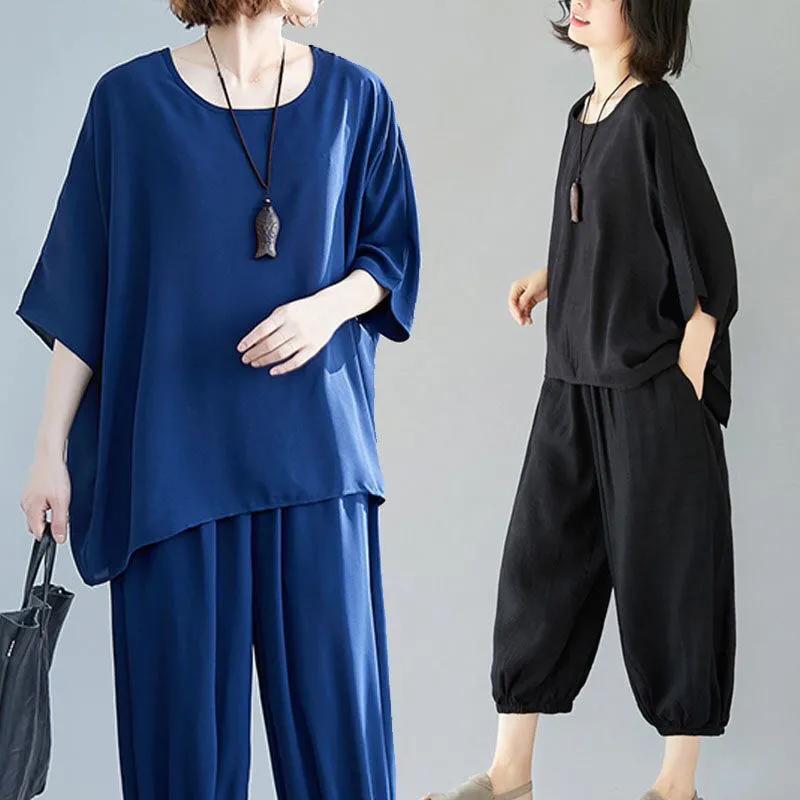 Women's Summer Casual Suit Short-sleeved Round Neck T-shirt + Loose Pants Solid Color Two-piece Set
