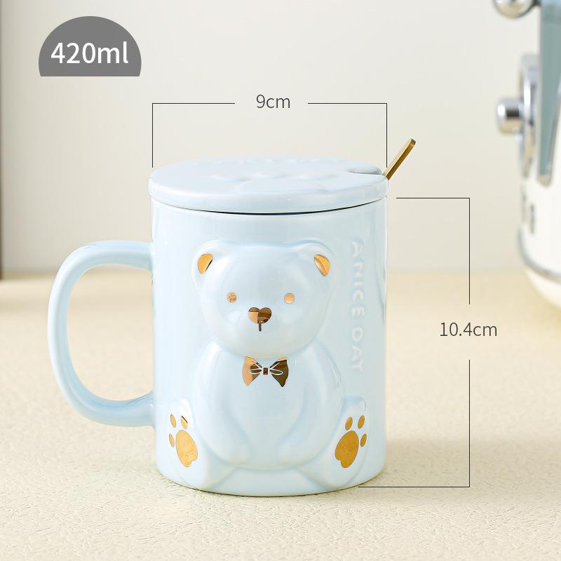 Lehký luxusní kreativní reliéfní hrnek s medvídkem s víčkem a lžičkou, velkoobjemový keramický jednoduchý domácí pohár na vodu, dárková krabička