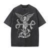 2026 Vintage St Michael Archangel Dragon Scroll Latin Text Graphic Black Acid Washed T Shirt Retro Religious Medieval Streetwear