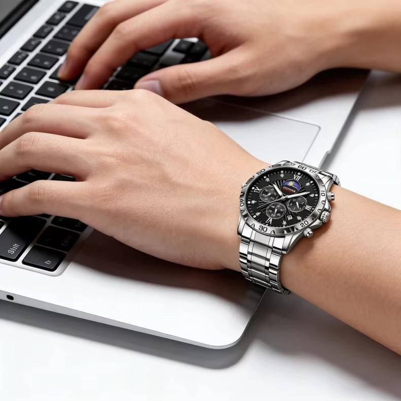Men's Quartz Watch with Subdials Analog Wristwatch with Date-Display Waterproof Luminous Chronograph Dress Watches Stainless Steel Band