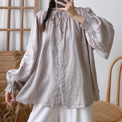 Vintage Womens Tops Blouses Spring Autumn Ruffles Collar Tie Loose Simple Female Shirts
