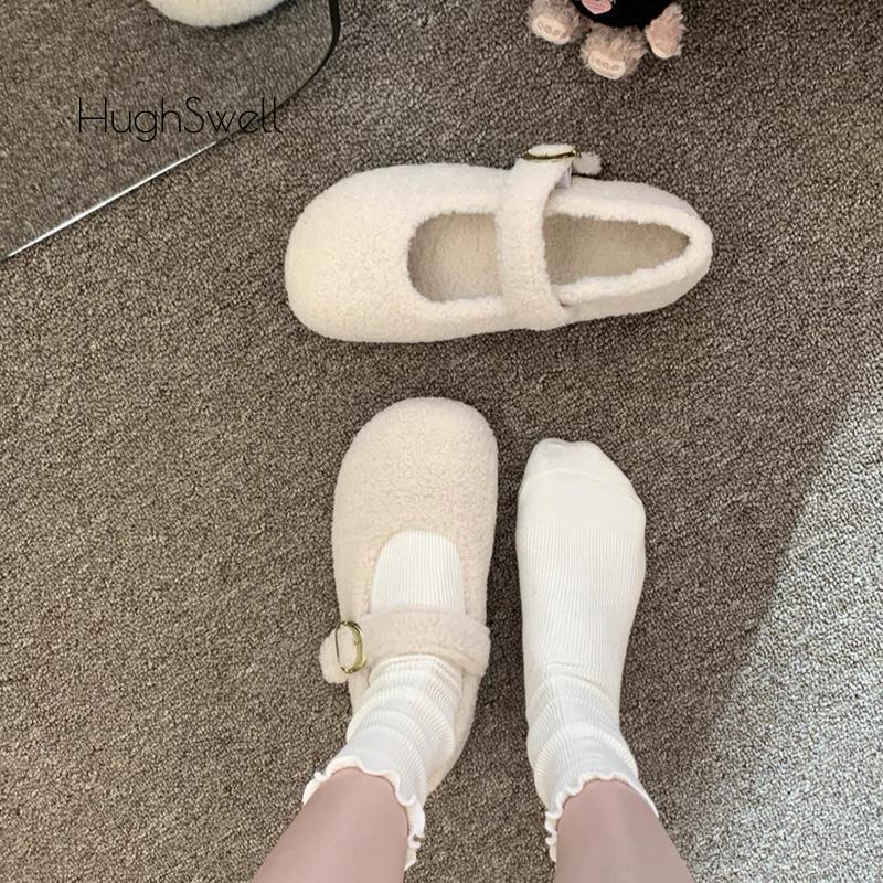 Fashion Elegant Round Toe Lambswool Ballet Flats Woman Winter Warm Plush Loafers Ladies Brand Design Teddy Fur Mary Jane Shoes In Grey