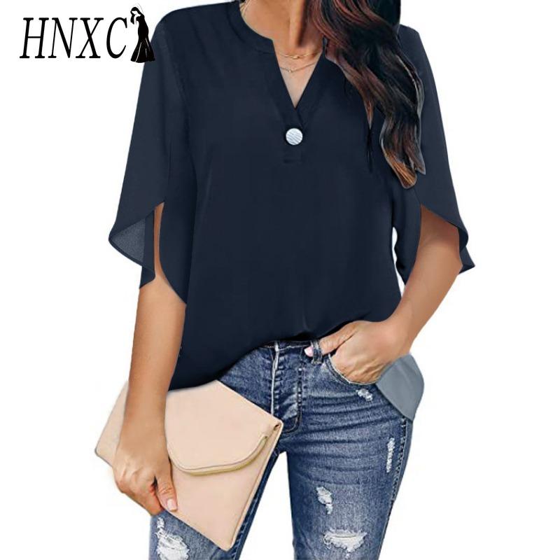 HNXC Women's Fashion Casual Solid Color Print Short Sleeve V Neck Blouses & Shirts