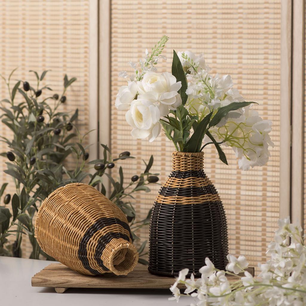 Retro Handmade Woven Vase Imitation Rattan Flower Plant Potted Flower Basket Bouquet Holder Wedding Home Office Table Decor