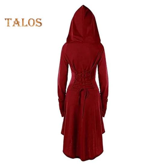 Women Cosplay Dress Gothic Solid Color Lace-up Strap Slim Waist Irregular Hem Hooded Long Sleeves Theme Parties Role-Playing Festival Halloween Midi