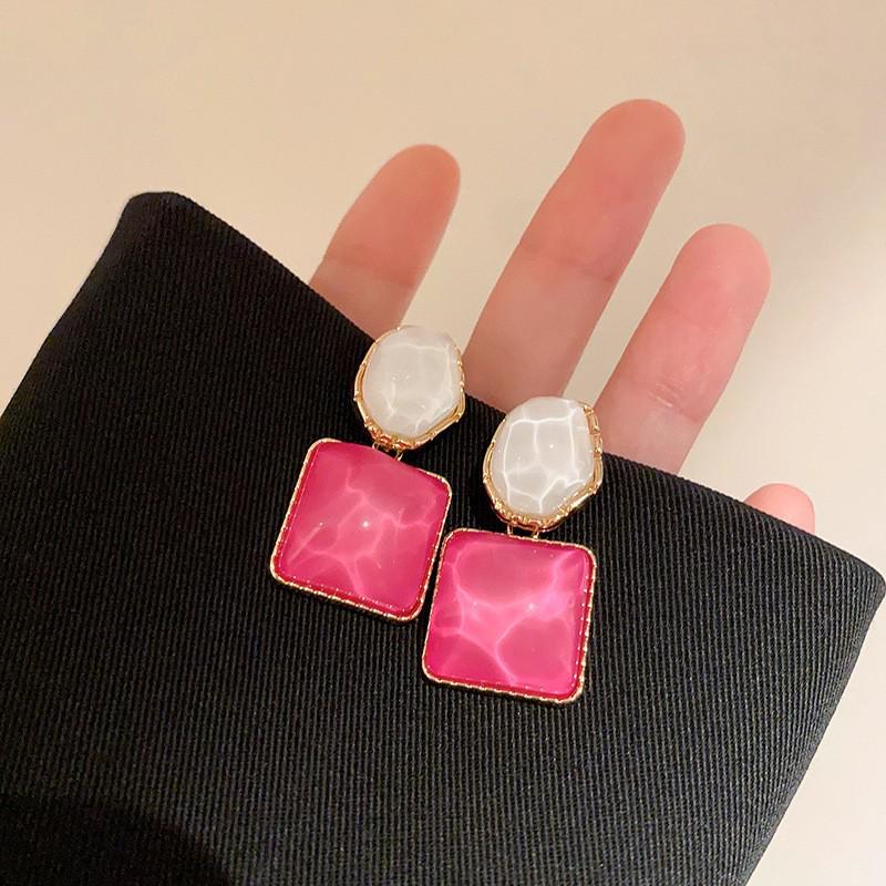 Asymmetric Korean Colorblock Stud Earrings - Geometric Ripple Square Design, Unique Light Luxury Niche Style