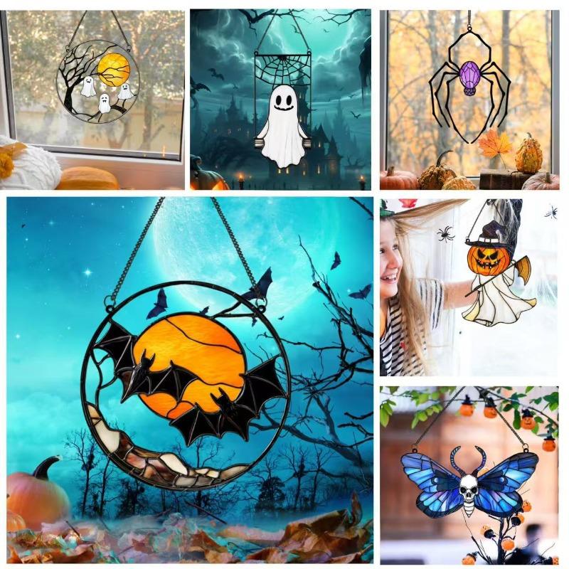 Stained Enamel and Metal Bat Moon Ghost Suncatcher Window Panel Wall Hanging Ornaments Halloween Horror Home Decorations