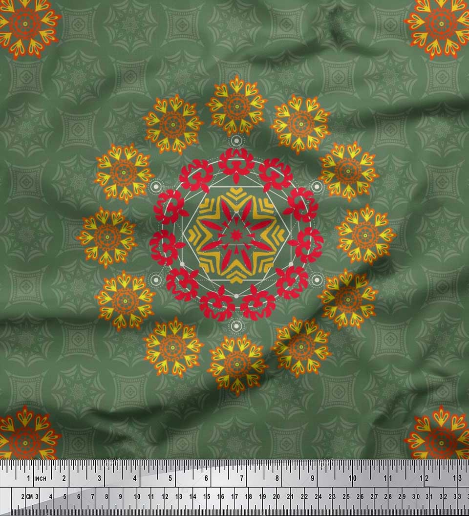 

Тканина Soimoi Japan Crepe Satin Дамаск і декоративна тканина з принтом Mandala на метр 42 дюйма 42 Inch Wide - Poly Crepe зелений