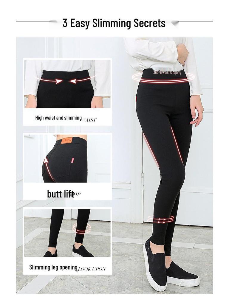 Übergröße Schlankmachende Schwarze Bleistifthose: Frühlings-/Herbst-Dünne Oberbekleidung Leggings für Damen
