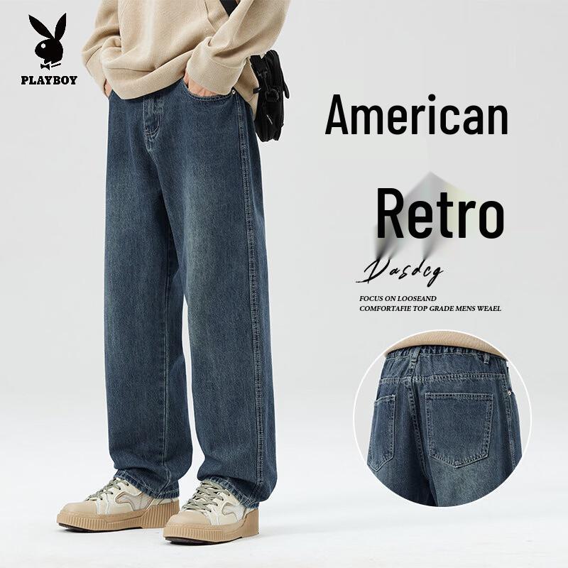 PLAYBOY Men s Retro Washed Wide-Leg Straight Denim Jeans 31