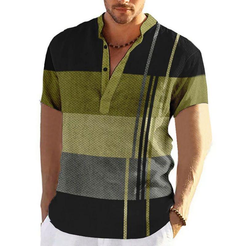 Color Block Striped 3D Print Henley Shirts Men's Fashion Vintage Button Stand Collar Short Sleeve T Shirt Tees Tops Man Clothing
