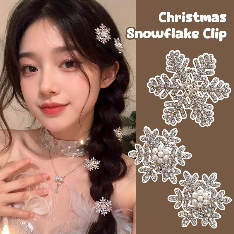 Christmas Sparkle Zircon Snowflake Hairpin Set of 2/5/10, Women's Cute Metal Rhinestone Hair Clips for Party Bangs Accessories