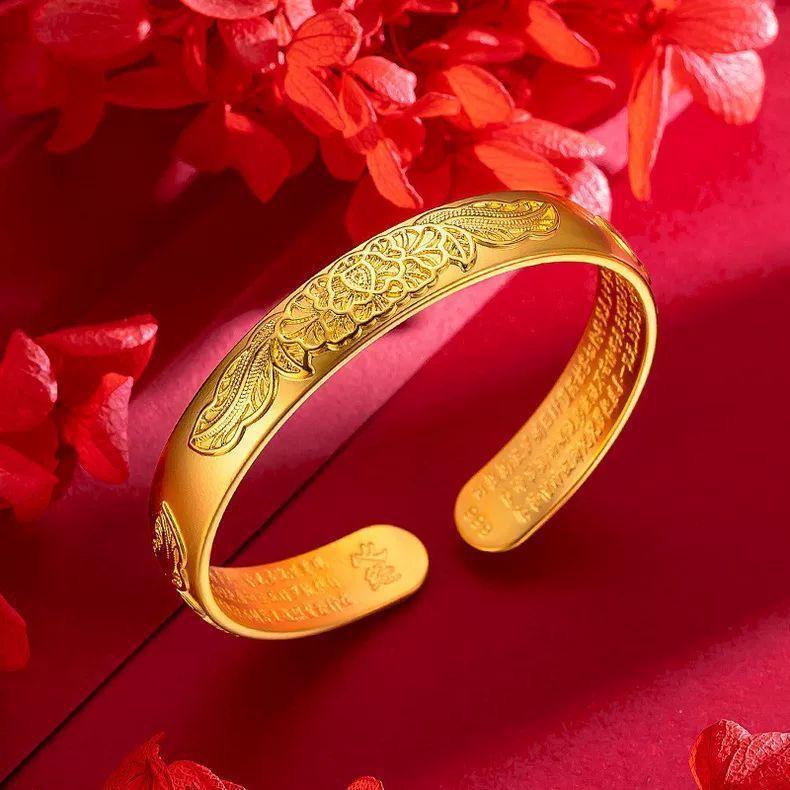 Gold-Plated Peony Heart Sutra Wide Band Open Bangle for Women