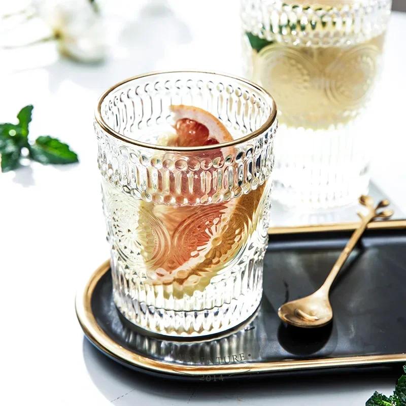 GIANXI Anaglyph Glass Cup Transparent High Temperature Resistance Thicken Glass Cups Retro Sun Flower Pattern Glasses Drinkware